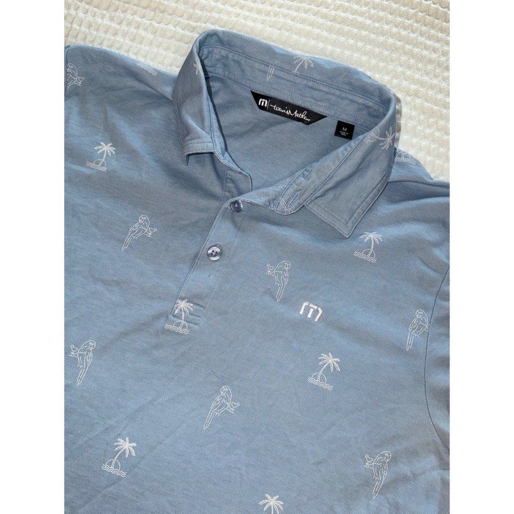 TravisMathew Polo Shirt Mens Size M‎ Blue Palm Tree Parrot Embroidered Golf Top